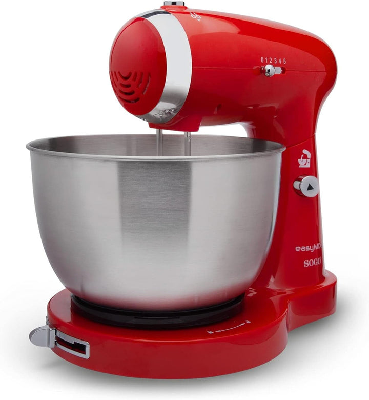 SS-14506 Küchenmaschine, Mixer Und Mixer 3-In-1 Mit Drehschüssel, Stäbchen Und Haken Zum Kneten Aus Edelstahl, 5 Geschwindigkeiten, 3,2 Liter (Rot)