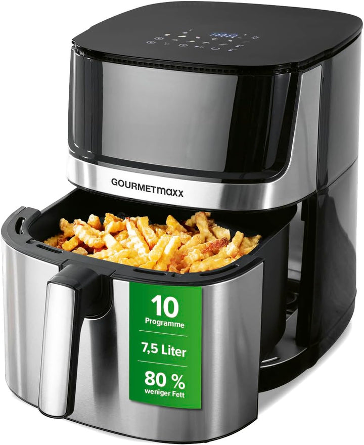 Gourmetmaxx Digitale Heißluftfritteuse XXL - 9L Ofen | Airfryer Mit Timerfunktion, Touchdisplay, Drehspieß, Schaschlikspießen | Fettarm, Energiesparend Frittieren | 8 Programme, 1800 W