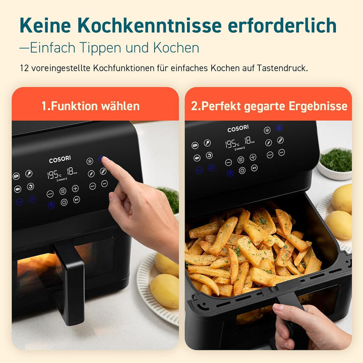 COSORI Heißluftfritteuse Airfryer, 12-In-1 Air Fryer XXL 6,2L, Heissluftfritteuse Mit Sichtfenster & Shake-Reminder, 80 Rezepte, 55 Prozent Energiesparend, Spülmaschinenfeste Körbe