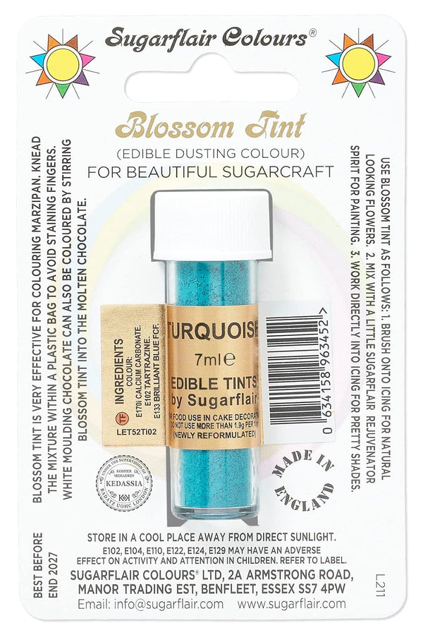 Sugarflair Blossom Tint Dusting Lebensmittelfarbe Pulver Turquoise - Lebensmittel Farbe Pulver Zur Dekorationen Farbzuckerpaste, Fondant, Zuckerguss, Schokolade, Buttercreme, Macarons - 7Ml