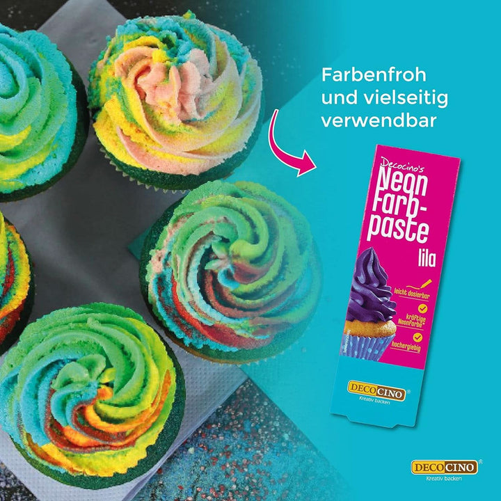 Decocino Neon Food Paste Set - 3 bucăți, colorant alimentar cu doză mare, pentru colorarea prăjiturilor, tartelor, brioșelor, cupcakes, neutru la gust