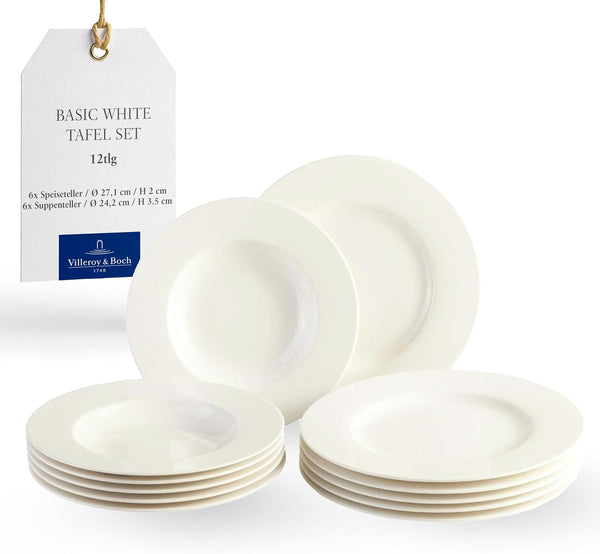 Vivo by Villeroy & Boch Basic White Tafelservice 12 Teilig Weiß, Teller Set, Weißes Geschirr, Geschirrset 6 Personen, Essservice, Speiseteller, Suppenteller, Spülmaschinenfest, Premium Porzellan