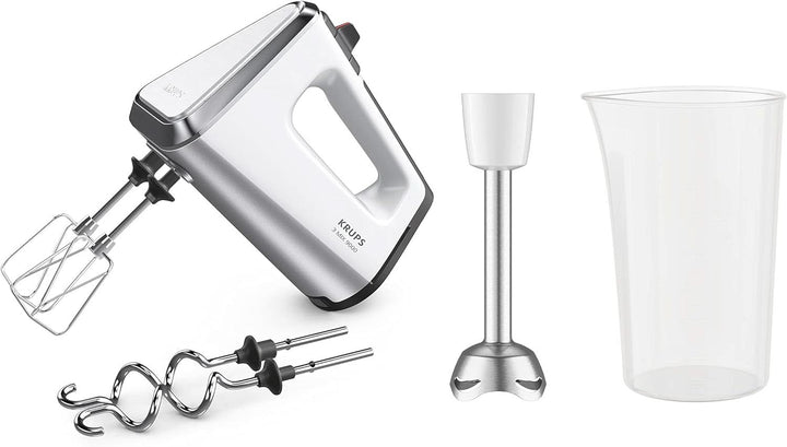 Krups GN9121 3 Mix 9000 Handmixer | 750 Watt | Geschwindigkeitsregler | Turbomodus | Auswurffunktion | Ergonomischer Griff | Inkl. Schneebesen, Knethaken, Pürierstab-Aufsatz, Messbecher | Weiß/Silber