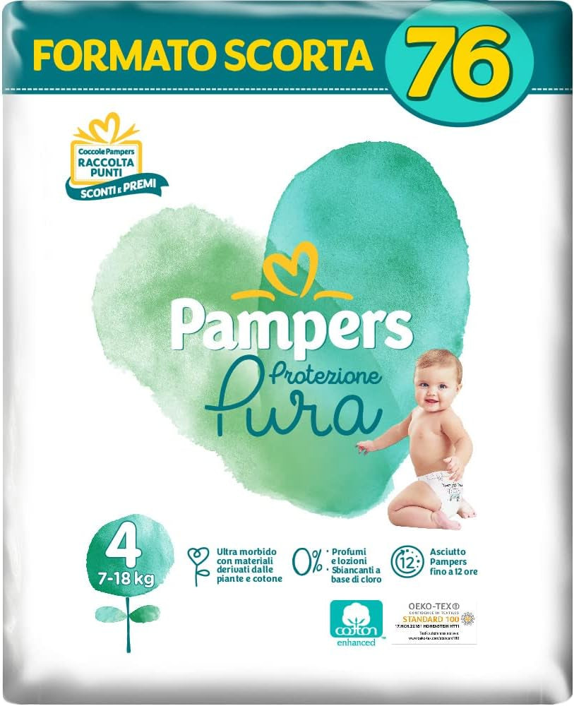 Pampers Naturello, 76 de scutece cu bumbac și materiale naturale din plante, 0% parfum, mărimea 4 (7-18 kg)