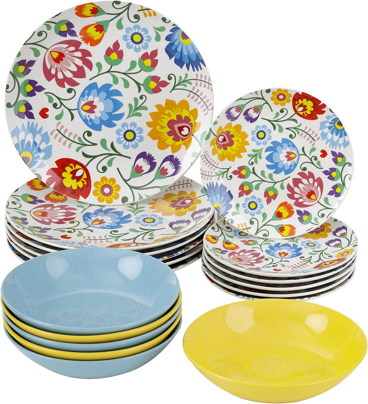 Teller-Set, 18 Teile Aus Porzellan Und Steingut, Tellerservice Für 6 Personen, Bunte Tischplatten, Sorrento Muster