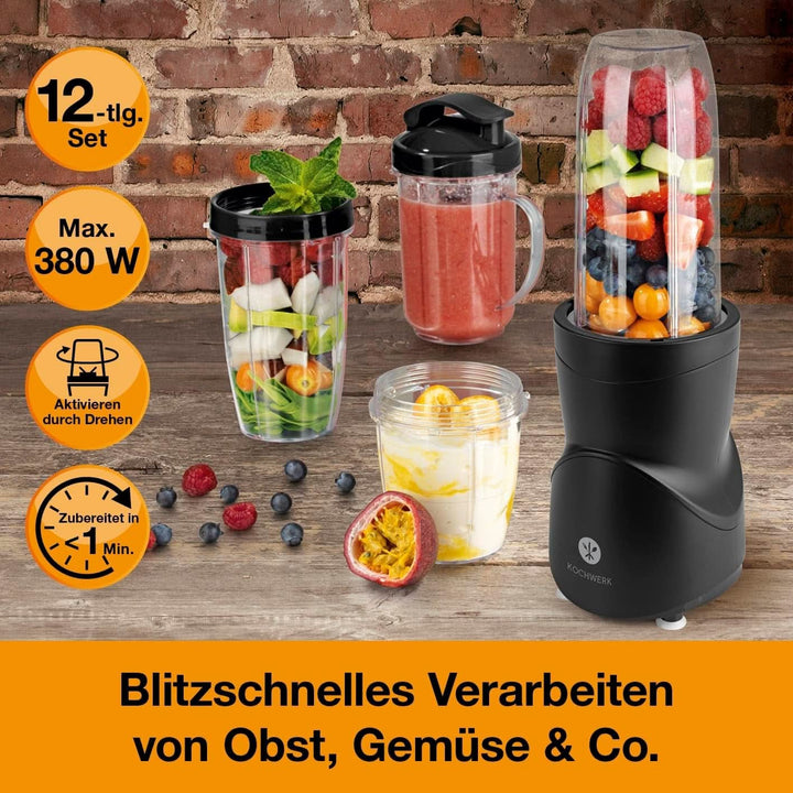 Smoothie Maker 12-Tlg | To-Go Deckel & 4 Mixbehälter | Für Obst, Gemüse & Nüsse | Mit Ice-Crush Funktion | Mini-Standmixer Zum Mixen, Rühren, Zerkleinern, Mahlen, Hacken & Pürieren | Bpa-Frei