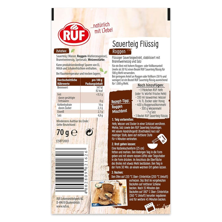 RUF Rye Sourdough Liquid, extras lichid pentru aluat de pâine și rulouri, pâine Sourdough, de secară și integrală, 170 grame