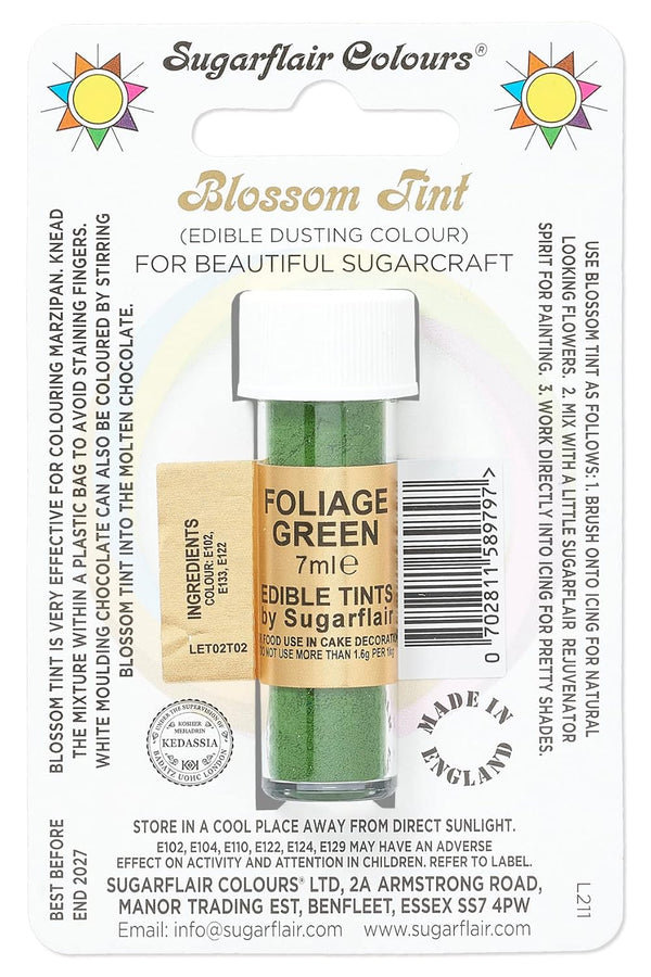 Sugarflair Blossom Tint Dusting Lebensmittelfarbe Pulver Foliage Green - Lebensmittel Farbe Pulver Zur Dekorationen Farbzuckerpaste, Fondant, Zuckerguss, Schokolade, Buttercreme, Macarons - 7Ml