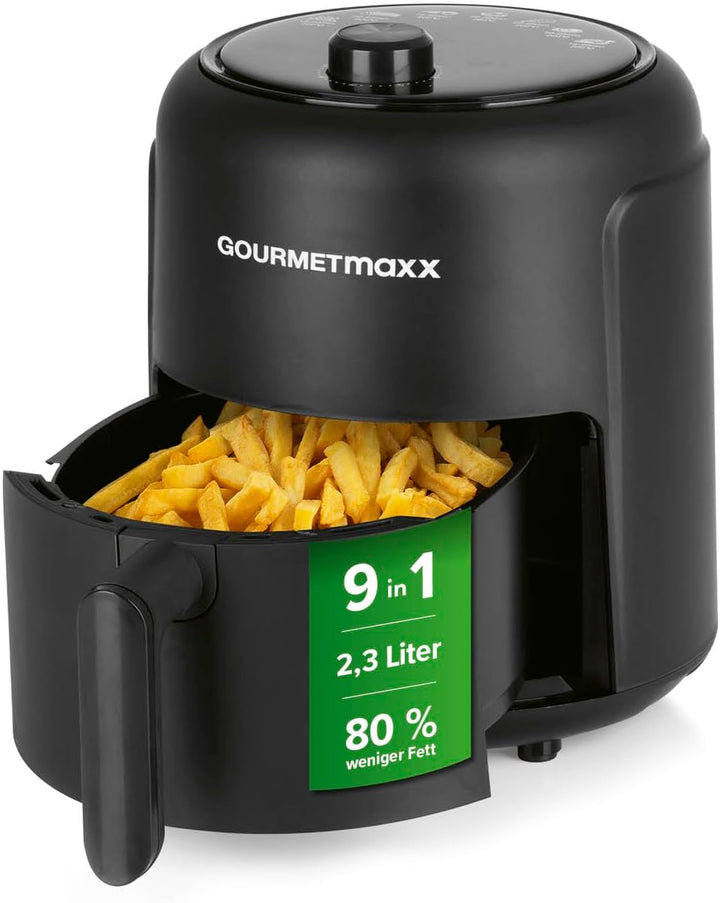 Gourmetmaxx Digitale Heißluftfritteuse XXL - 9L Ofen | Airfryer Mit Timerfunktion, Touchdisplay, Drehspieß, Schaschlikspießen | Fettarm, Energiesparend Frittieren | 8 Programme, 1800 W