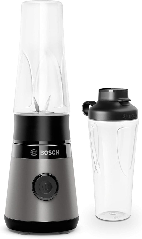 Bosch Mini-Standmixer Vitapower Serie 2 MMB2111S, Highspeed-Mixer, Bis Zu 40.000 Rpm, Tritan Togo-Flasche 0,6 L, Trinkdeckel, Bruchsicher,Spülmasch.Geeignete Teile, 450W, Silber/Schwarz