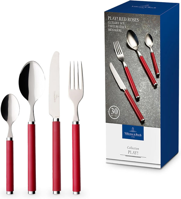 Villeroy & Boch – Play! Red Roses Tafelbesteck Set 30 Teilig Rot, Spülmaschinenfest, Besteck Bunte Griffe, Besteck Kunststoffgriffe, Besteck Set, Essbesteck, Messer, Gabel, Edelstahl, Kunststoff