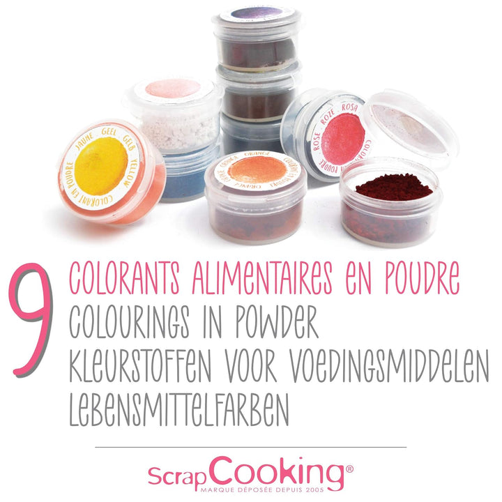 Scrapcooking - 9X Set Lebensmittelfarben Pulver - Blau, Gelb, Rosa, Violett, Orange, Zitronengrün, Rot, Puderrosa, Schwarz - Farbpulver Essbar Für Torten, Kuchen, Makronen - 4270