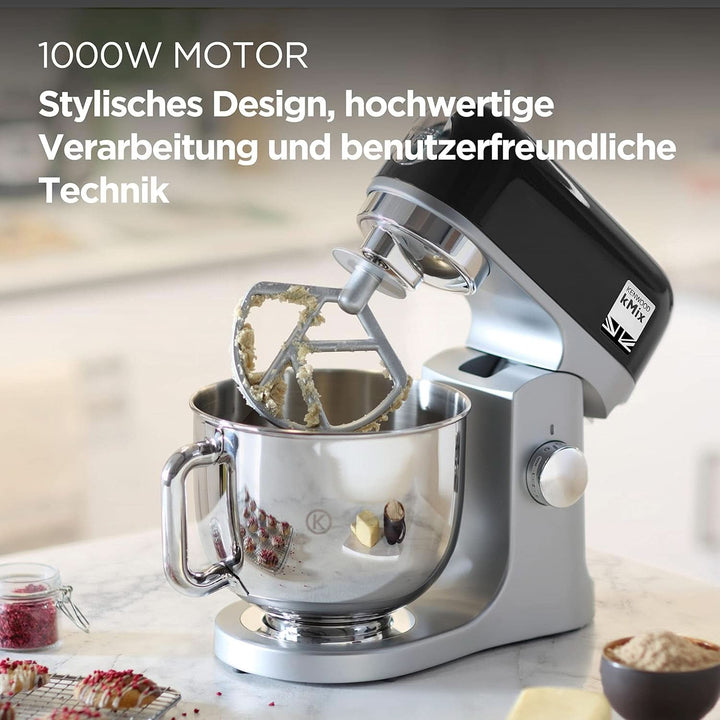 Kenwood Kmix KMX750BK Küchenmaschine, 5 L Edelstahl Schüssel, Safe-Use-Sicherheitssystem, Metallgehäuse, 1000 Watt, Inkl. 3-Teiligem Patisserie-Set Und Spritzschutz, Schwarz, 240X385X355