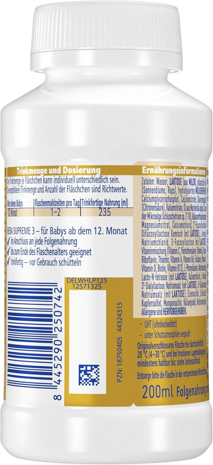 Nestlé BEBA SUPREME 3 Folgenahrung: Ab Dem 12. Monat, Trinkfertig, Im Anschluss an Das Stillen, 8Er Pack Fläschchen (8 X 200Ml)