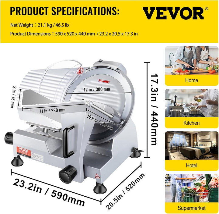 VEVOR Kommerzieller Fleisch Allesschneider 320 W, Elektrische Aufschnittmaschine Lebensmittelschneider Mit 30,48 Cm-Kohlenstoffstahlklinge, 0–15 Mm Einstellbare Dicke Für Fleisch, Käse Usw.