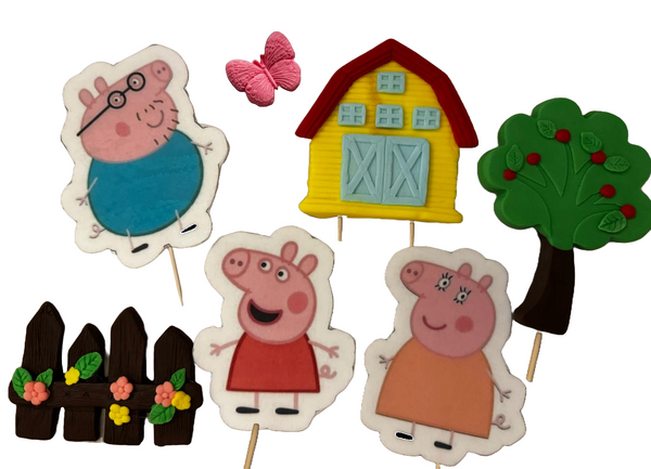 Establecer 7 decoraciones comestibles de pasta de azúcar, cerdo de peppa