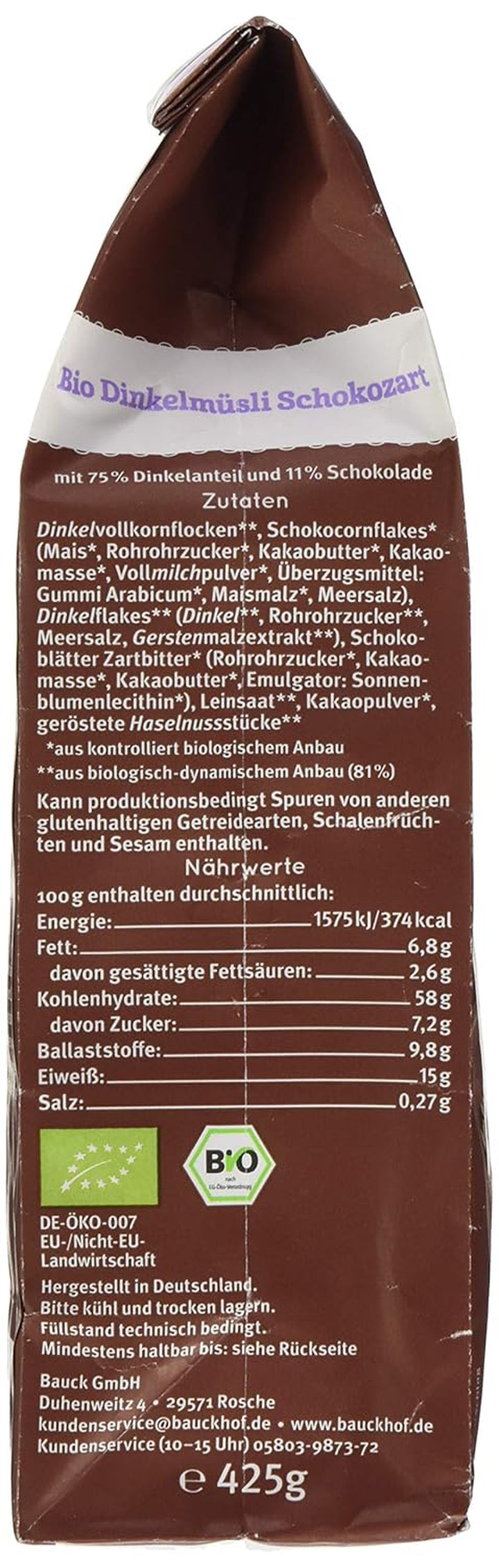 Bauck HOF Dinkelmüsli Schokozart, 425G (1Er Pack)