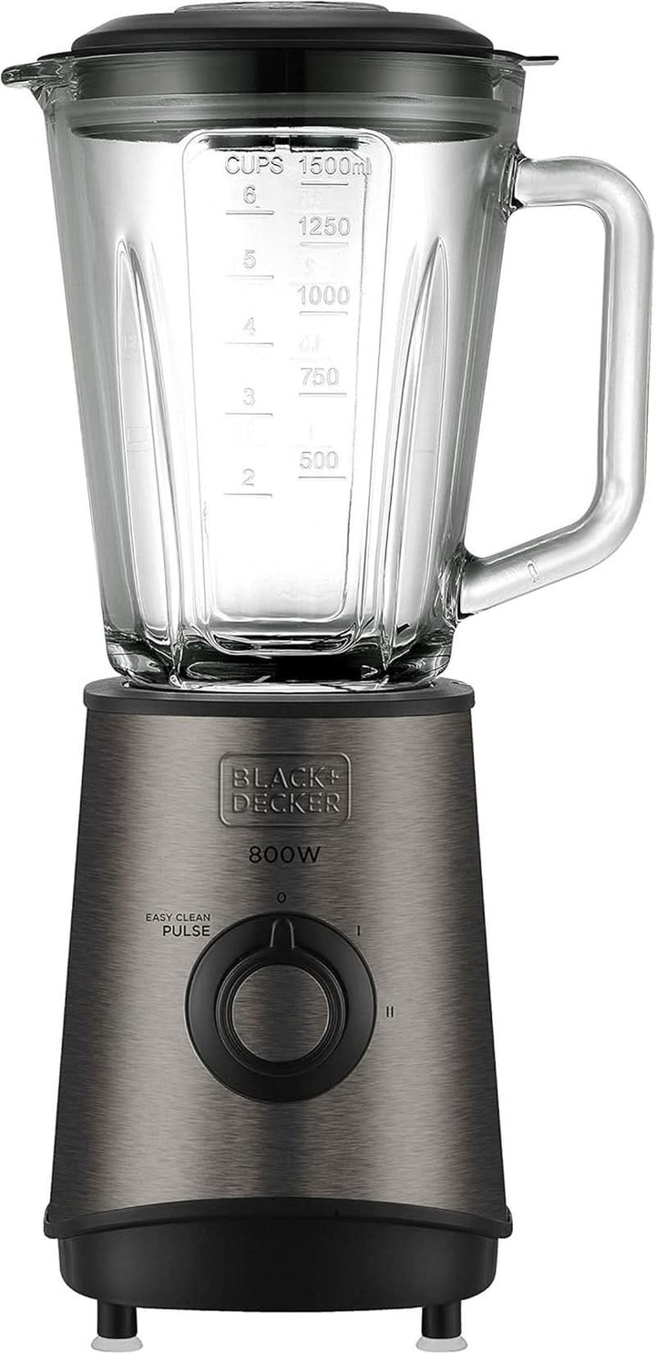 BLACK+DECKER Standmixer | 500W | 2 Geschwindigkeiten | Pulse-Funktion | Glaskrug | 1,5L | Edelstahlmesser Mit 4 Klingen | Herausnehmbar Und Leicht Zu Reinigen | Weiß Und Grau