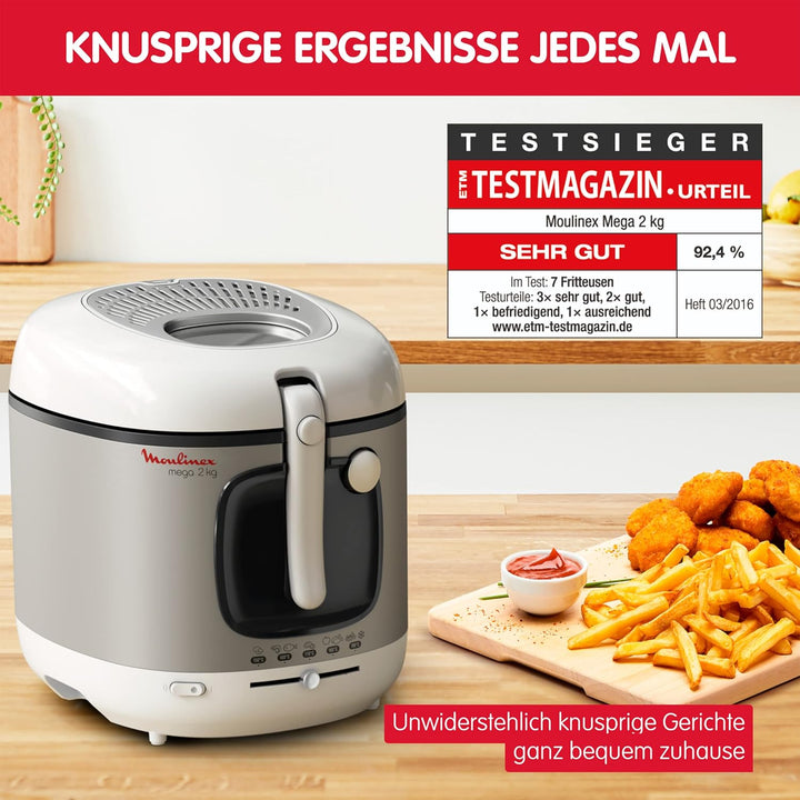 AM4800 Mega 2Kg Fritteuse | Fritteuse Mit Öl | Anti-Geruchs-Filter | Regelbare Temperatur | Leichte Reinigung | Knusprige Pommes | 1.800 Watt | Für Bis Zu 8 Personen | Weiß/Silber | Gross