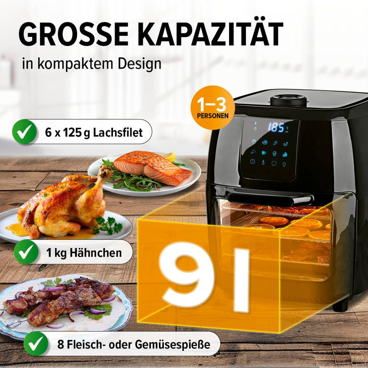 Gourmetmaxx Digitale Heißluftfritteuse XXL - 9L Ofen | Airfryer Mit Timerfunktion, Touchdisplay, Drehspieß, Schaschlikspießen | Fettarm, Energiesparend Frittieren | 8 Programme, 1800 W