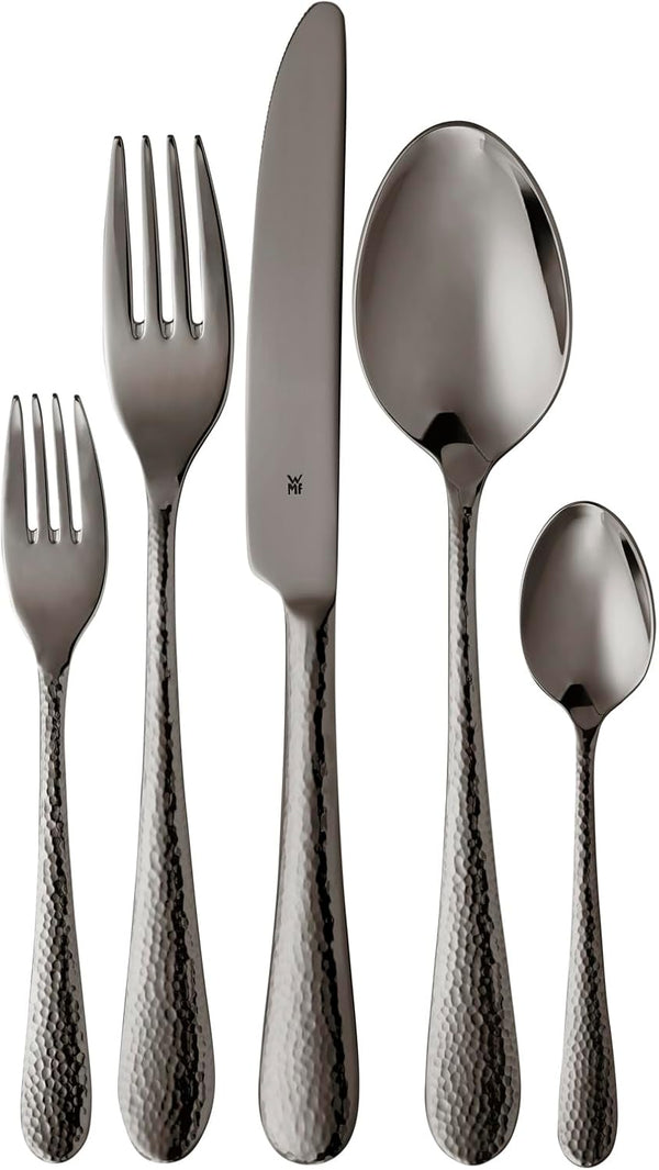 WMF Sitello Besteck Set 6 Personen, Midnight-Edition, Essbesteck Set 30 Teilig, Monobloc-Messer, Cromargan Edelstahl Poliert, Hammerschlag, Ergonomisch, Glänzend