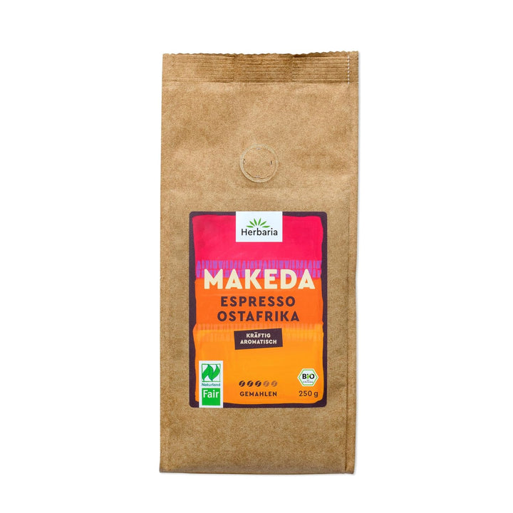 Herbaria MAKEDA Bio Espresso Ganze Bohnen 1Kg – Naturland Fair Zertifiziert Aus Ostafrika – Röstaromen Mit Kakao- & Eichenholz-Noten – Bio Kaffeebohnen Perfekt Für Siebträger Und Kaffeevollautomaten