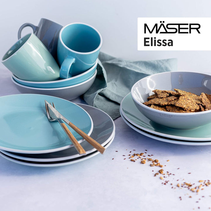 MÄSER 931770 Serie Elissa Modernes Geschirr Set Für 6 Personen in Türkis Mit Weißem Rand, 24-Teiliges Kombiservice, Steinzeug