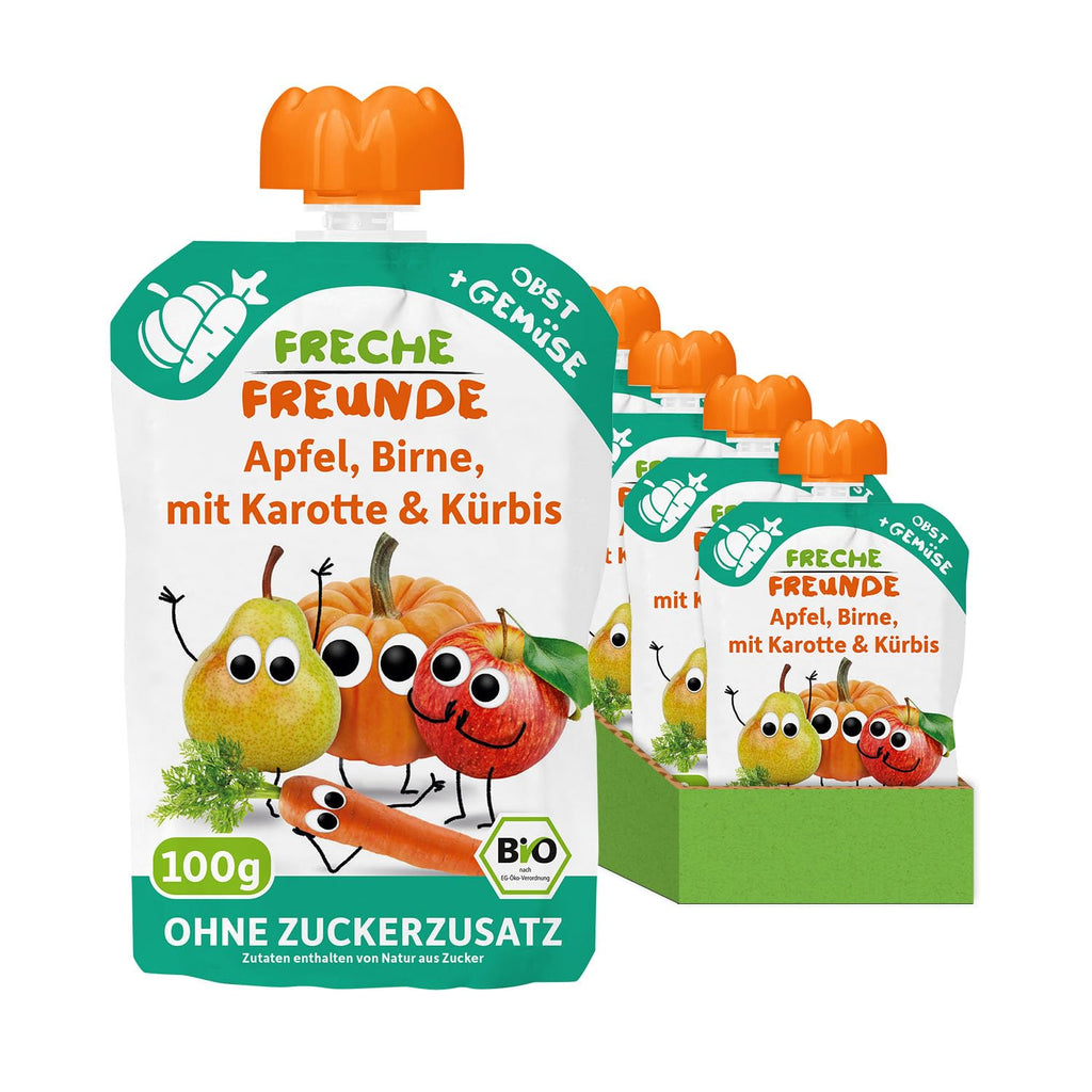 FRECHE FREUNDE Organic, Piure pentru bebeluși de la 6 luni, diverse combinatii, pachet de 6 (6 X 100G)