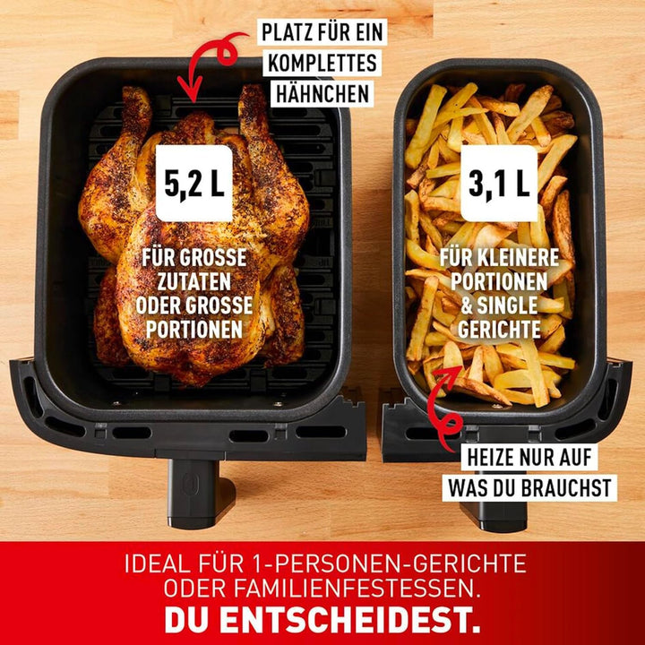 Tefal Dual Easy Fry Heißluftfritteuse Doppelkammer, 5,2/3,1 L Fassungsvermögen, Zwei Unabhängige Schubladen, 7 Programme, Energiesparender Airfryer, Schwarz, EY9018