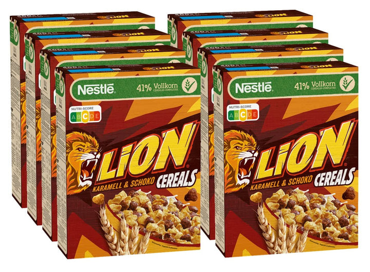 Cereale LION, Cereale de ciocolată cu caramel și 41% făină integrală, pachet 8 x 400 grame