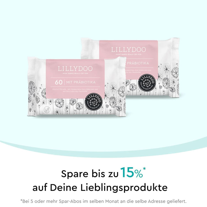 LILLYDOO Feuchttücher Mit Präbiotika, 300 Stück (5 X 60), 100% Plastikfreies Tuch, Ohne Parfüme (FSC Mix)