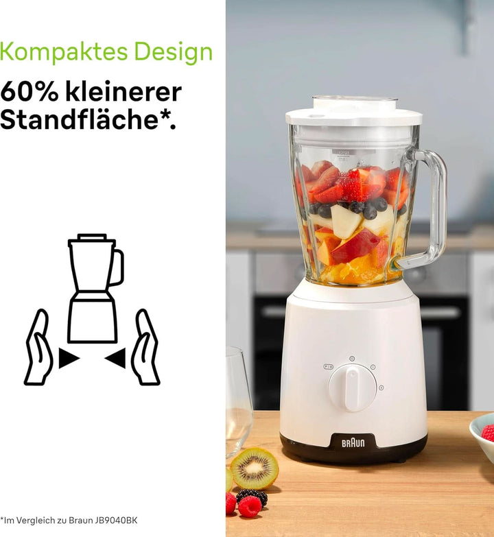 Braun Powerblend 1 JB1050WH - Standmixer Mit 1,5 L Glas-Mixaufsatz, Küchenhelfer Zum Zerkleinern, Pürieren & Mixen, Ice-Crush-Funktion, 2 Geschwindigkeiten, 600 Watt, Weiß