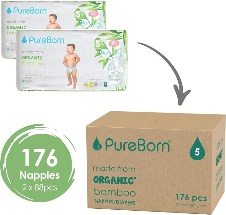 Pureborn Eco Bio-Bambus Windeln, Größe 5 (11-18 Kg), 176 Stück (2 X 88), Umweltfreundlich, Hypoallergen, Ultraweich, Mit Nässeindikator, Diverser Aufdruck