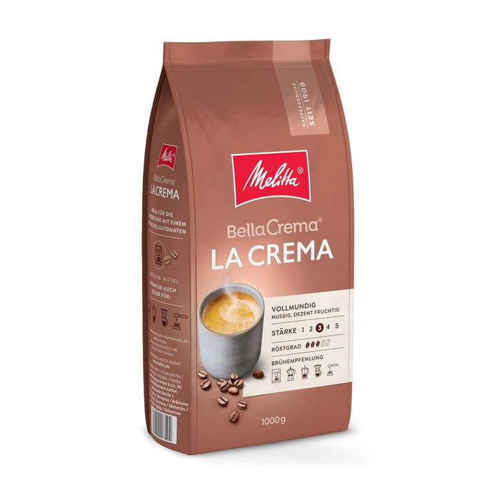 Melitta Bellacrema Decaf Ganze Kaffee-Bohnen Entkoffeiniert 1Kg, Ungemahlen, Kaffeebohnen Für Kaffee-Vollautomat, Koffeinfrei, Milde Röstung, Geröstet in Deutschland, Stärke 3