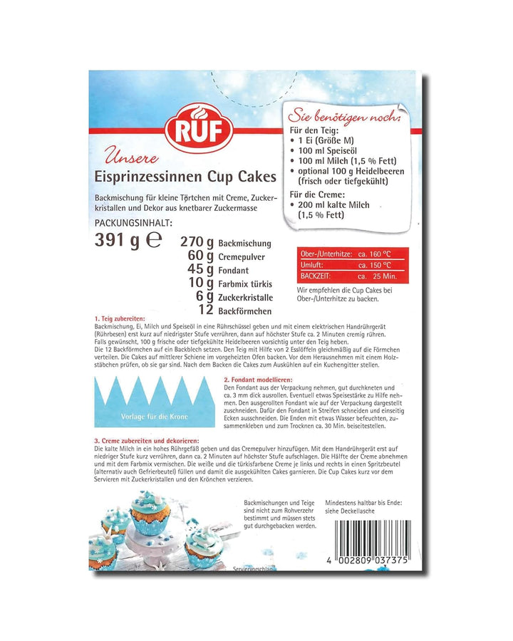 RUF Cupcakes Für Eis-Prinzessinen Und Prinzen, Mit Torten-Creme in Eisblau, Zucker-Eiskristallen Und Fondant Für Zuckerkronen, Inkl. 12 Backförmchen, 1 X 391G