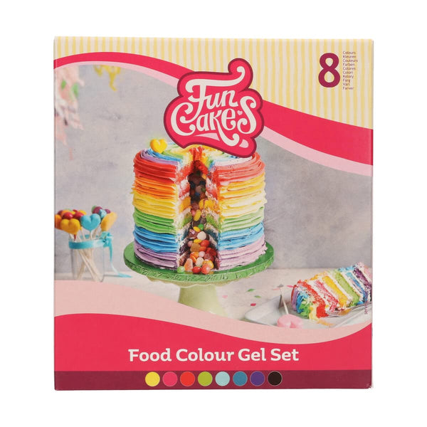 Funcakes Food Color Gel Set / 8: Hochkonzentrierte Lebensmittelfarbe Für Teig, Creme, Fondant, Marzipan, Teig. 8 Farben: Gelb, Rosa, Rot, Hellgrün, Baby Blau, Aqua, Lila, Schwarz. Halal.