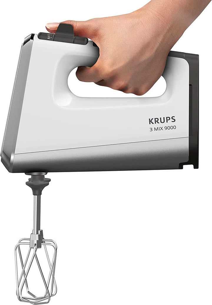 Krups GN9121 3 Mix 9000 Handmixer | 750 Watt | Geschwindigkeitsregler | Turbomodus | Auswurffunktion | Ergonomischer Griff | Inkl. Schneebesen, Knethaken, Pürierstab-Aufsatz, Messbecher | Weiß/Silber