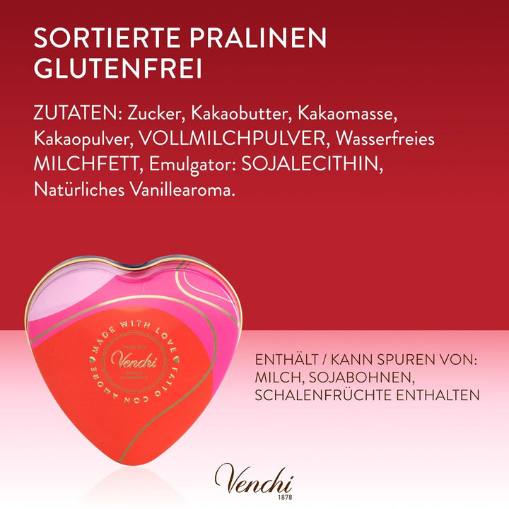 Venchi - Herzförmige Dose Mit 6 Valentines Pralinen, Geschmacksrichtungen Milch Und Veganer Extra Zartbitterschokolade 75%, Glutenfrei, Valentinstagskollektion, 48 G, Geschenkidee