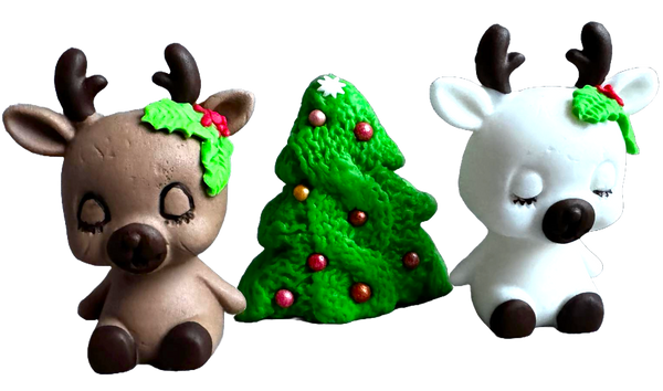 Lot de 3 décorations comestibles en pâte à sucre, Noël, sapin, renne marron et blanc