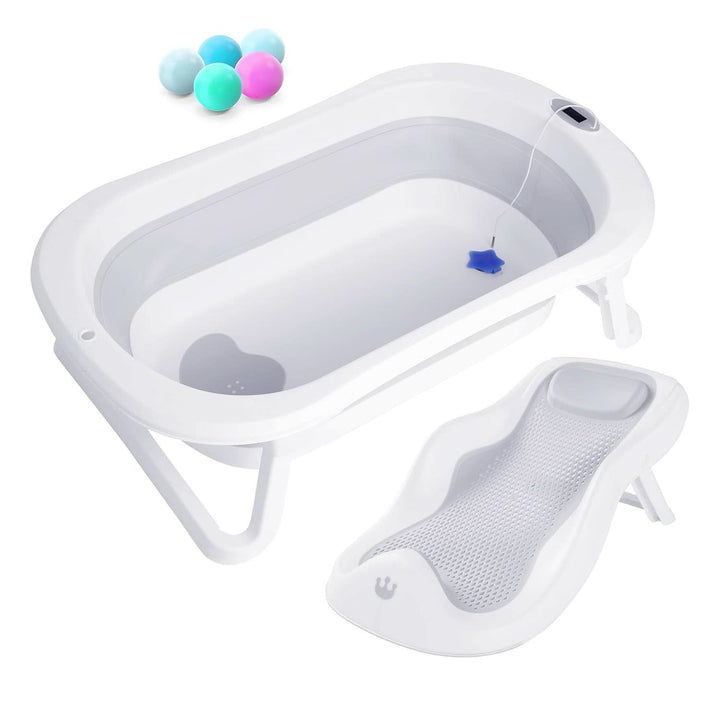 Faltbare Babybadewanne Mit Badekissen Und Integriertem Thermometer - Kinderbadewanne Mit Kostenlosem Badewannenhalter - Ideal Als Geburtsgeschenk Für Mädchen Oder Jungen - Von Geburt an Baby-Badewanne