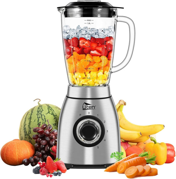 Uten Standmixer 2L, 1800 W Mixer Hochleistungsmixer, Pulse Und 5 Geschwindigkeiten, Edelstahlgehäuse, 6 Klingen, Macht Milchshake-Smoothies, Mahlbare Kaffeebohnen