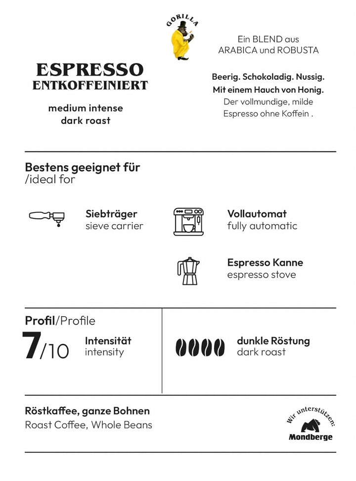 GORILLA Espresso 1000G Entkoffeiniert, Ganze Bohne