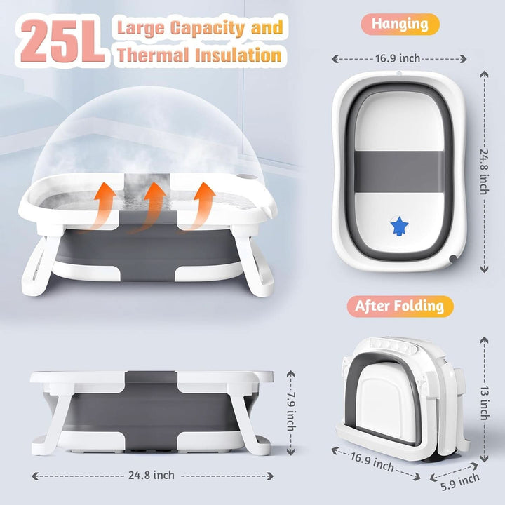 Rabb 1St Baby Badewanne Faltbare, Unverzichtbares Babybadezubehör, Tragbare Wanne Für Neugeborene Bis Kleinkinder Mit Rutschfester Matte Und Abflussloch. (Kein Thermometer) (Grau + Baby-Badematte)