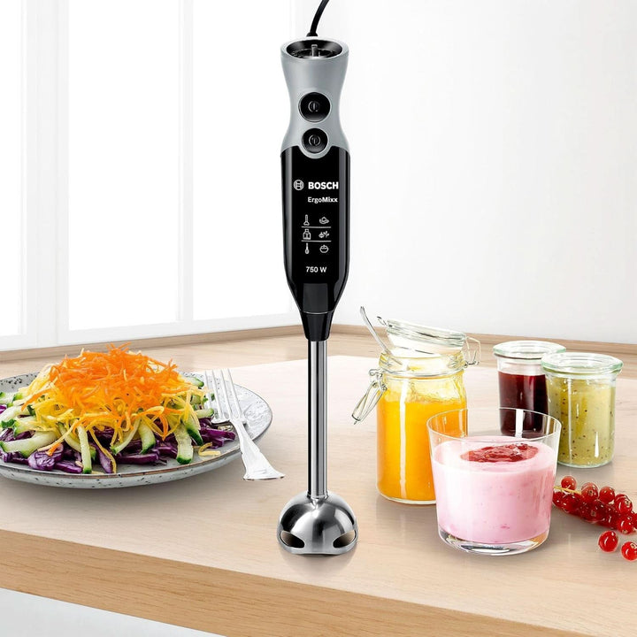 Bosch Stabmixer Ergomixx MSM67170, Edelstahl-Mixfuß, Universalzerkleinerer, Mix- Und Messbecher, Schneebesen, Ice-Crush-Klinge, Leichtes Gehäuse, 12 Stufen plus Turbostufe, 750 W, Schwarz/Grau