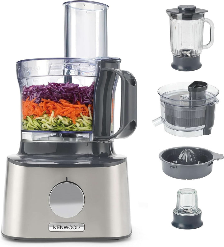 Kenwood Multipro Compact+ FDM315SS Kompakt-Küchenmaschine, 2,1 Liter, Integrierte Waage, Edelstahl Messer, 4 Arbeitsscheiben Und 5 Weitere Zubehör-Teile, Metallgehäuse, 800 Watt, Silber