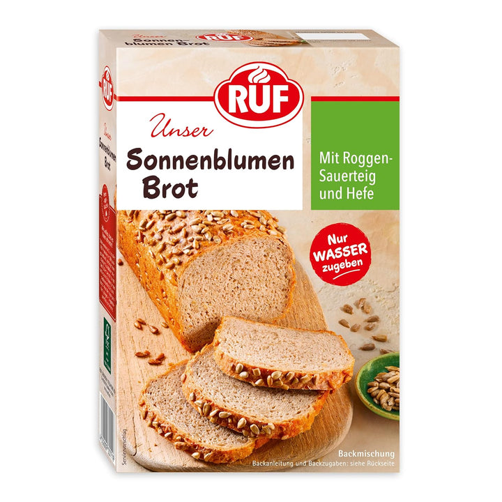 RUF Sonnenblumen Brot, Nur Wasser Hinzufügen, Brotbackmischung Mit Sonnenblumenkernen, Brotteigmischung Mit Roggen-Sauerteig Und Hefe Für Sonnenblumenkernbrot, 1 X 410G