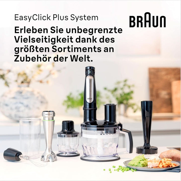 Braun Multiquick 7 MQ 7035X Stabmixer - Pürierstab Mit Abnehmbarem Edelstahl Mixfuß Mit Activeblade Technologie Zum Pürieren Der Härtesten Zutaten, Inkl. 3-Teiliges Zubehör Set, 1000 Watt, Schwarz