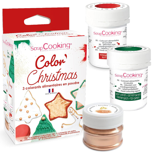 Scrapcooking - 3Er-Set Lebensmittelfarben Pulver Weihnachten - Rot Grün Gold - Essbare Lebensmittel-Farben Für Backen, Torten, Kekse, Kuchen, Teigen, Fondant - Weihnachtdeko - 4018