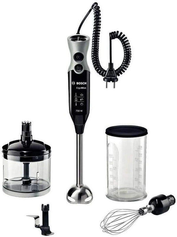 Bosch Stabmixer Ergomixx MSM67170, Edelstahl-Mixfuß, Universalzerkleinerer, Mix- Und Messbecher, Schneebesen, Ice-Crush-Klinge, Leichtes Gehäuse, 12 Stufen plus Turbostufe, 750 W, Schwarz/Grau