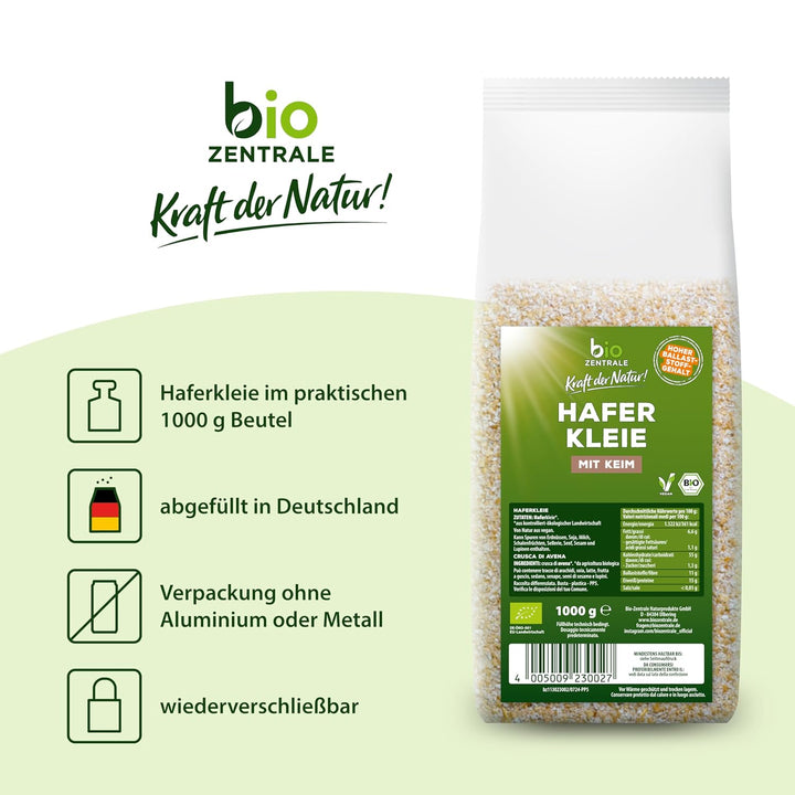 Biozentrale Bio Haferkleie 1Kg | Vorteilspack | Ballaststoffreiche Proteinquelle | Von Natur Aus Vegan | Aus EU Landwirtschaft | Zuckerarm